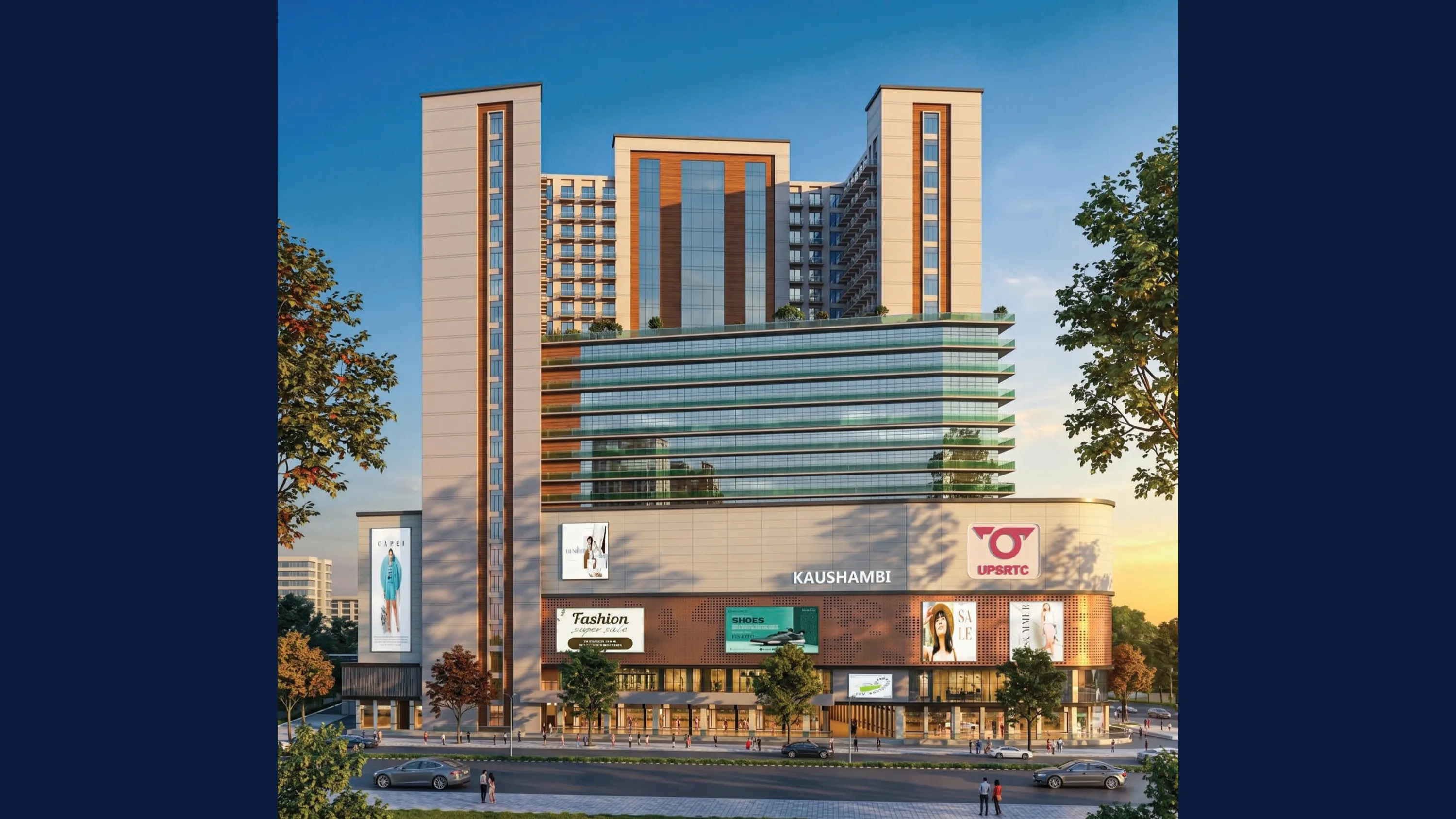 Artistic front elevation impression — Omaxe Kaushambi, Delhi NCR premium commercial landmark next to Anand Vihar transit hub